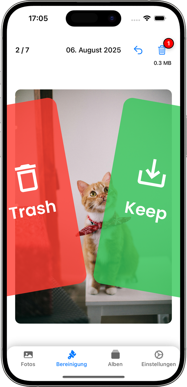 PicSwipe app interface showing photo cleanup with swipe gestures